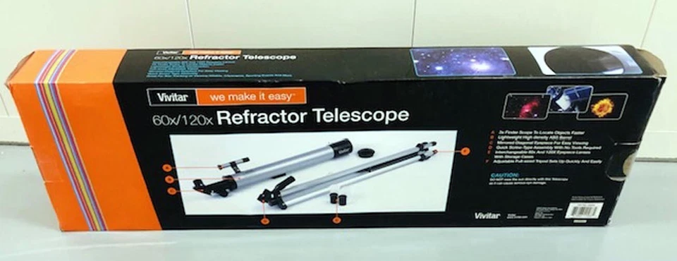 Telescopio refractor Vivitar Stars & Beyond 60x/120x con trípode nuevo en caja abierta Foto 2 de 2