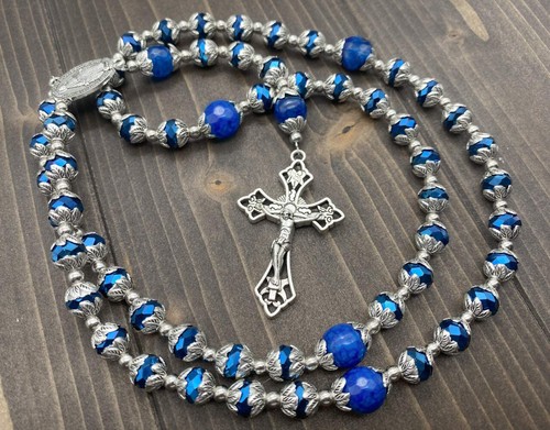 Deep Blue Crystal Beads Rosary Blue Agate Glory Stones Miraculous Medal & Cross - Picture 5 of 6