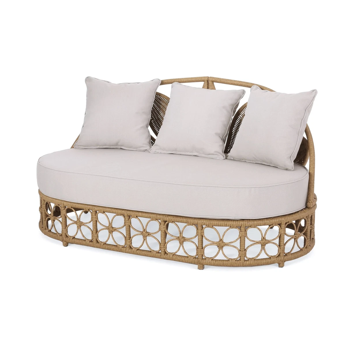 Angeles Home Cushioned Wicker Rattan Outdoor Daybed Thick Pillows Lounge Chair with White Cushion