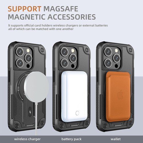 For iPhone 16 15 14 13 12 Pro Max 11 Rugged Stand Magnetic Case Detachable Strap - Photo 18 sur 47
