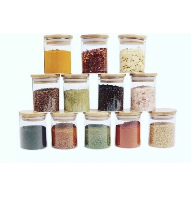 Glass Canister with Natural Bamboo Lid, Airtight Sealing, Spice Jars SET OF 12