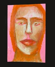 Portrait Painting Naive 4x6 Expressive Wall Art Orange Pink Woman Miz Katie