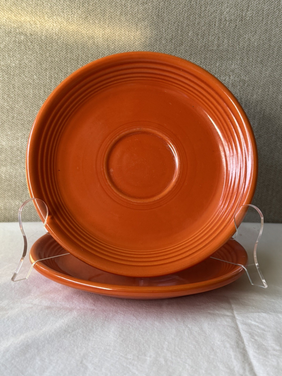PAIR 1936 Vintage Fiesta H.L.C Original Radioactive Orange Tea Cup Saucers, EUC