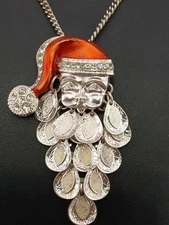 UNIQUE silver tone enamel clear crystals glittered accents SANTA CLAUS necklace 