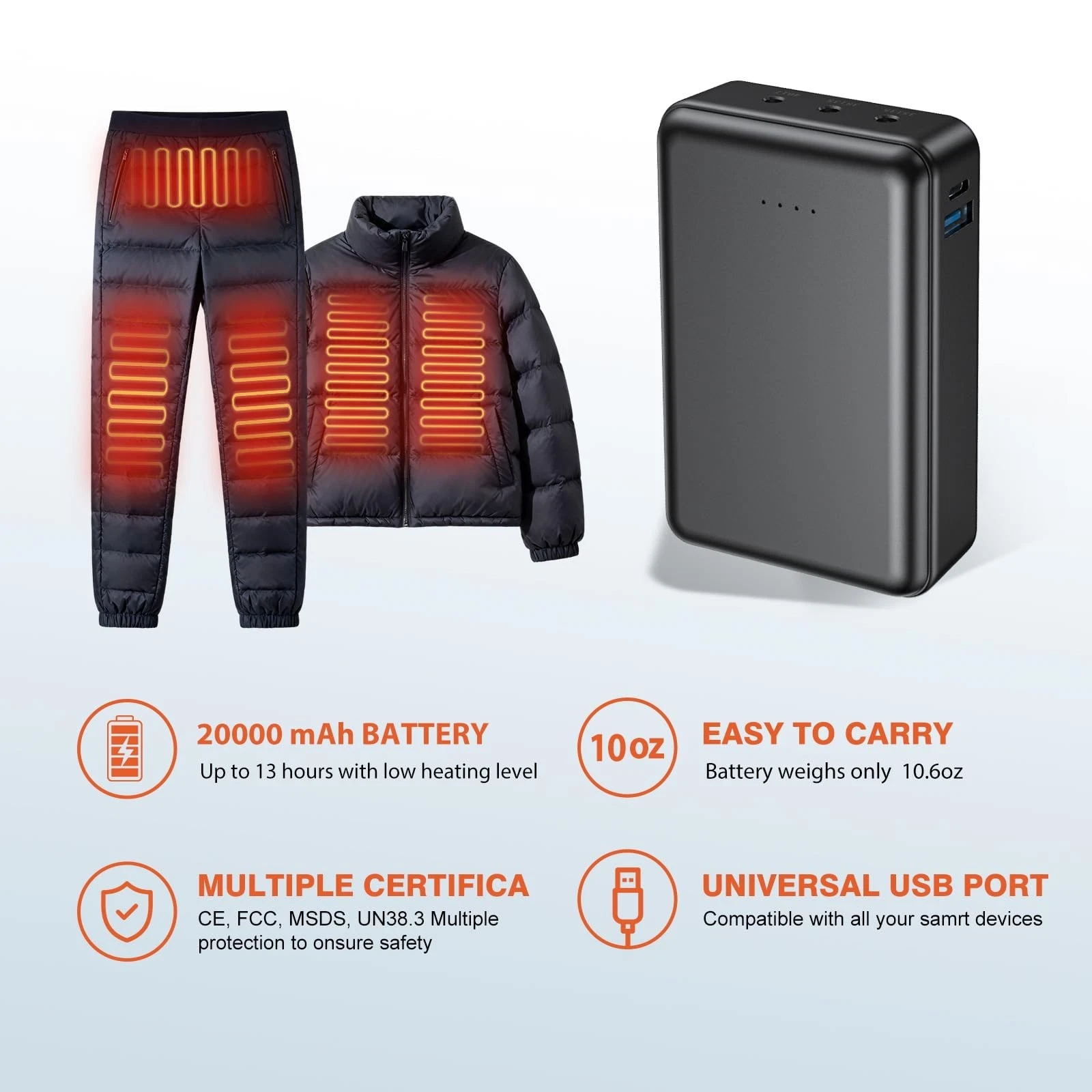 20000mAh Heated Vest Jacket Battery Pack Power Bank for Heated Clothing Men Wome - product detail image 3