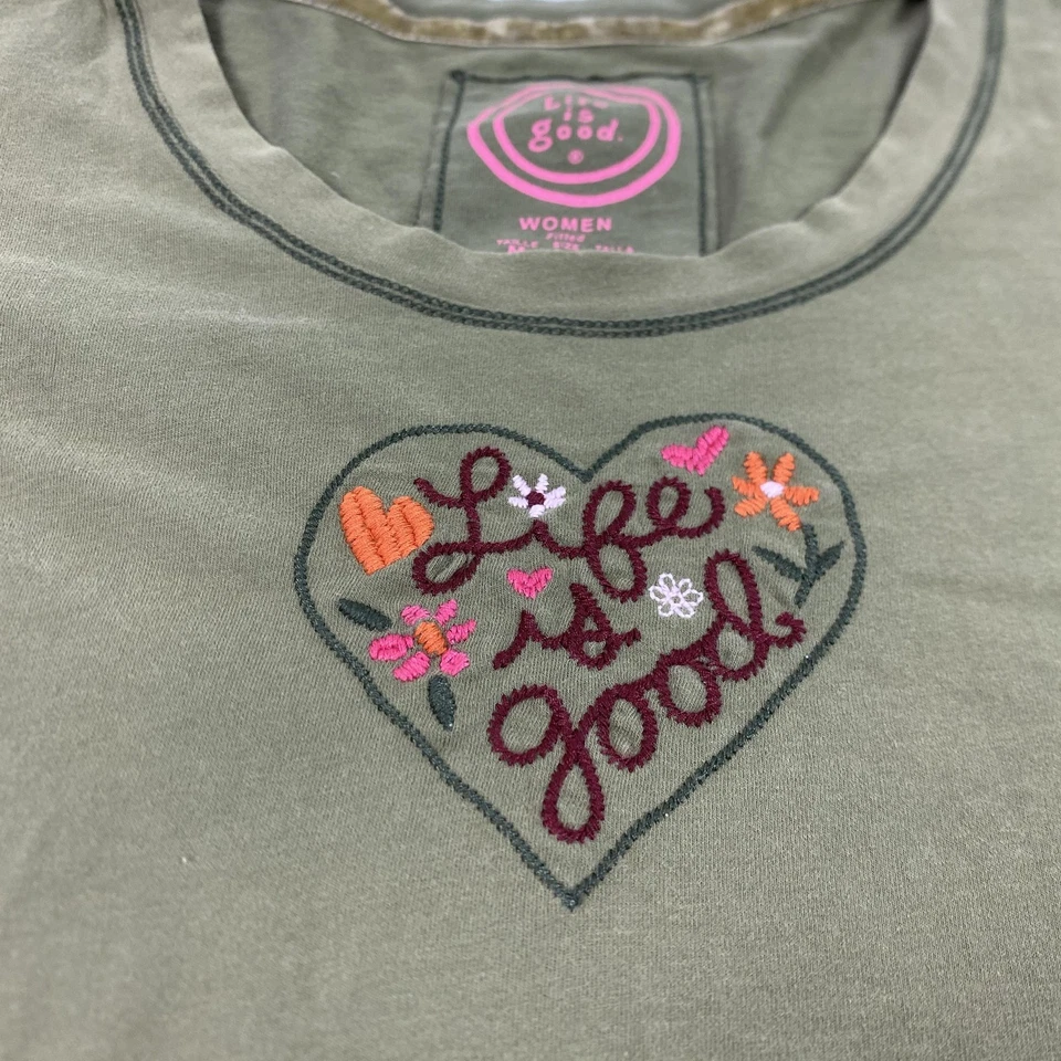 Camisa Life is Good Mujer Mediana Verde Manga Larga Corazón Bordado Ajustada Foto 4 de 4