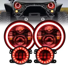 Red Halo 7'' LED Headlights 4" Fog Lights Combo for Jeep Wrangler JK JKU 07-17