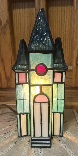 Vintage Stained Glass Church Chapel Lamp, 9.5" Tall