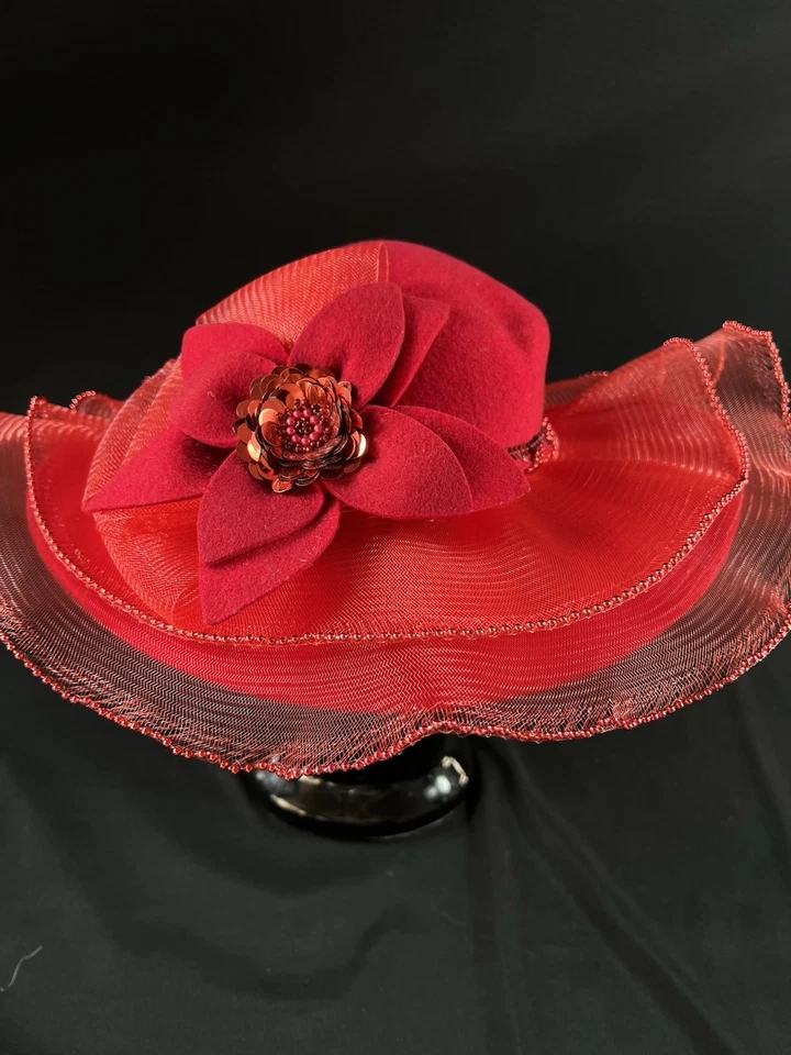 Винтажная красная широкополая шляпа Deborah New York — 100% шерсть, сделано в США - Изображение 2 из 4