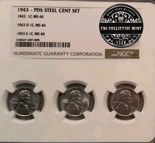 Limited Edition~1943~NGC Graded PDS Steel Penny Mint Set~MS64~Pristine And Rare