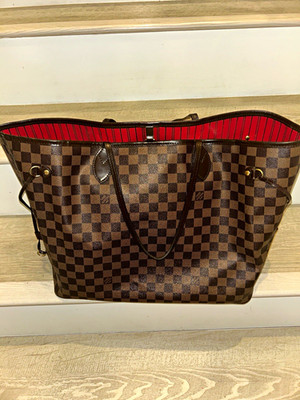 Louis Vuitton Neverfull GM Damier Ebene Brown Tote Red Lining Inner Pockets