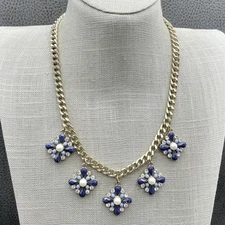 Charming Charlie Gold Tone Statement Necklace Blue Enamel Rhinestone Floral 18"