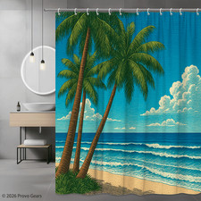 Tropical Ocean View Shower Curtain with Palm Trees and Waves