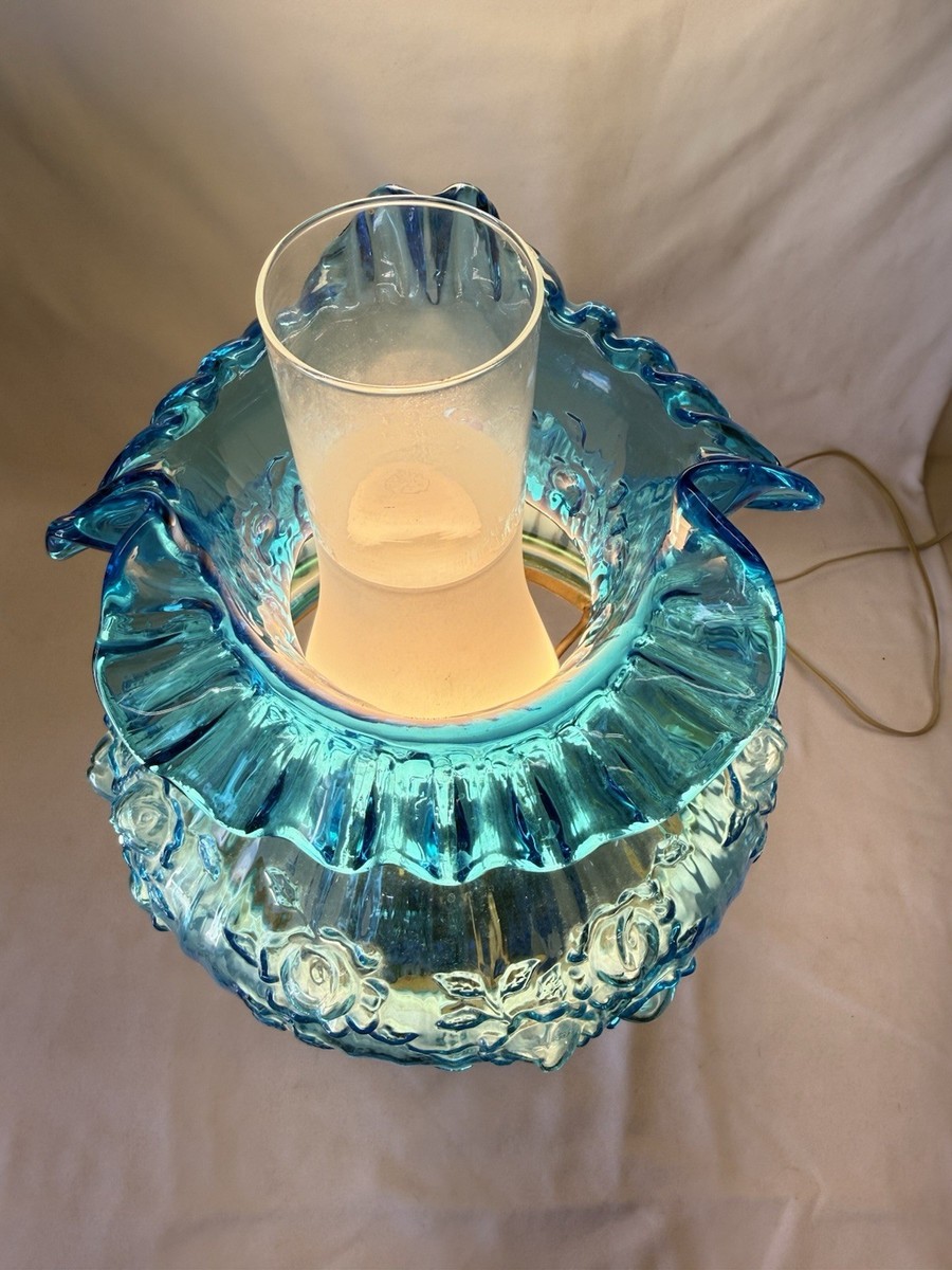Vintage Fenton 1967-1973 Colonial Blue Cabbage Rose Glass Lamp