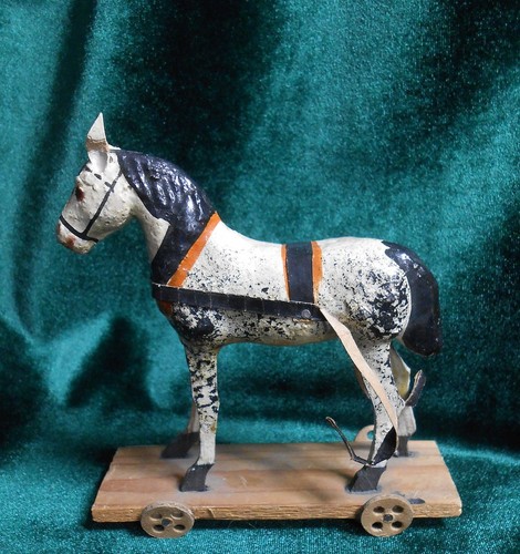 Antique Germany 4" Putz Horse on Wheels- Mache, Wood Legs, German, Platform - Picture 2 of 4