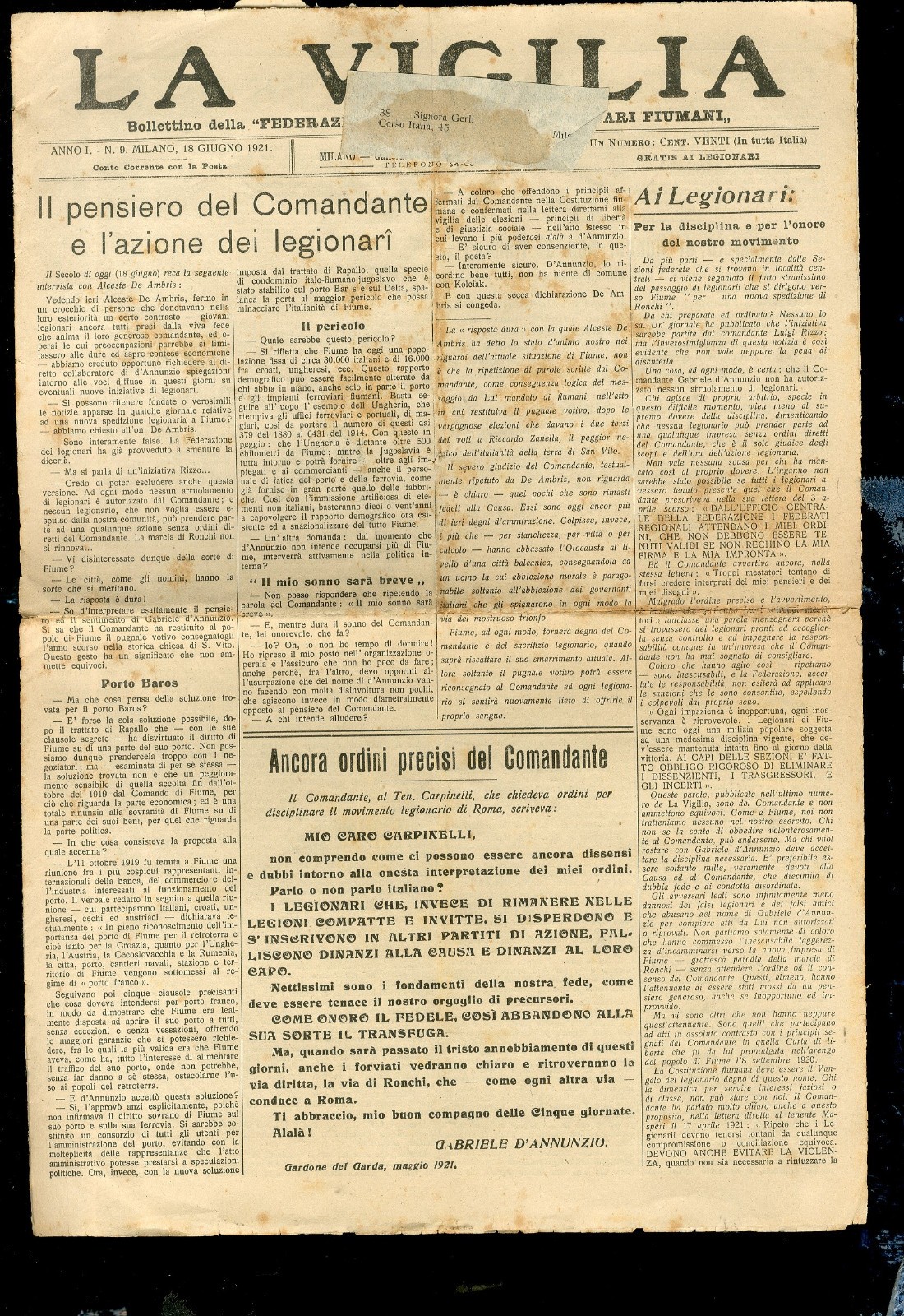 Giornale 1921 D' Annunzio Fiume Legionari La Vigilia g 204