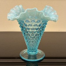 Vintage Fenton-Style Blue Opalescent Hobnail Ruffled Edge Glass 5.5  Vase
