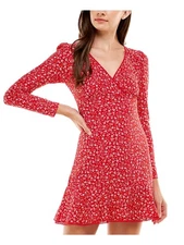 CITY STUDIO Womens Fitted Lined Trim Long Sleeve Mini Party Fit + Flare Dress