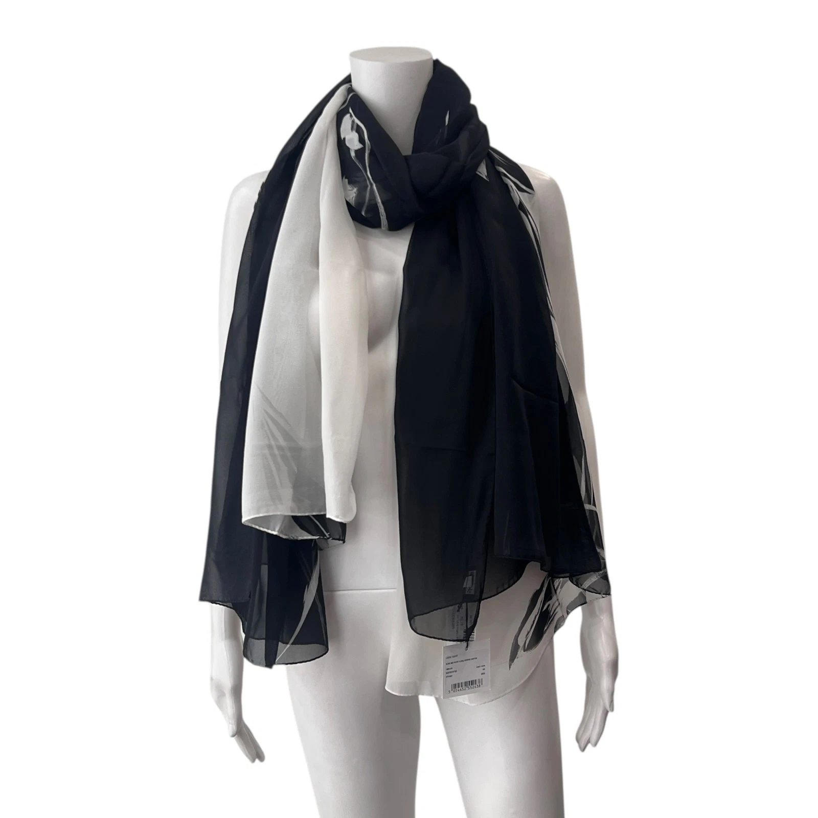 $695 NWT Eskandar Black White Floral Reverse Chiffon Large Silk Scarf