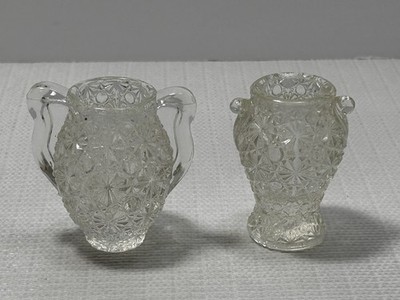 2 VTG Daisy Button Crystal Cut Glass Bud Vases & 2 Handled Sugar Jar Miniature