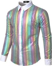 JOGAL Mens Sequins Button Down Long Sleeve Dress Shirt 70s Disco Party Costume,M