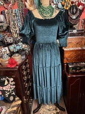 Beautiful Baltic Born Nellie Smocked Midi Dress Green Velour Sleeves M/L