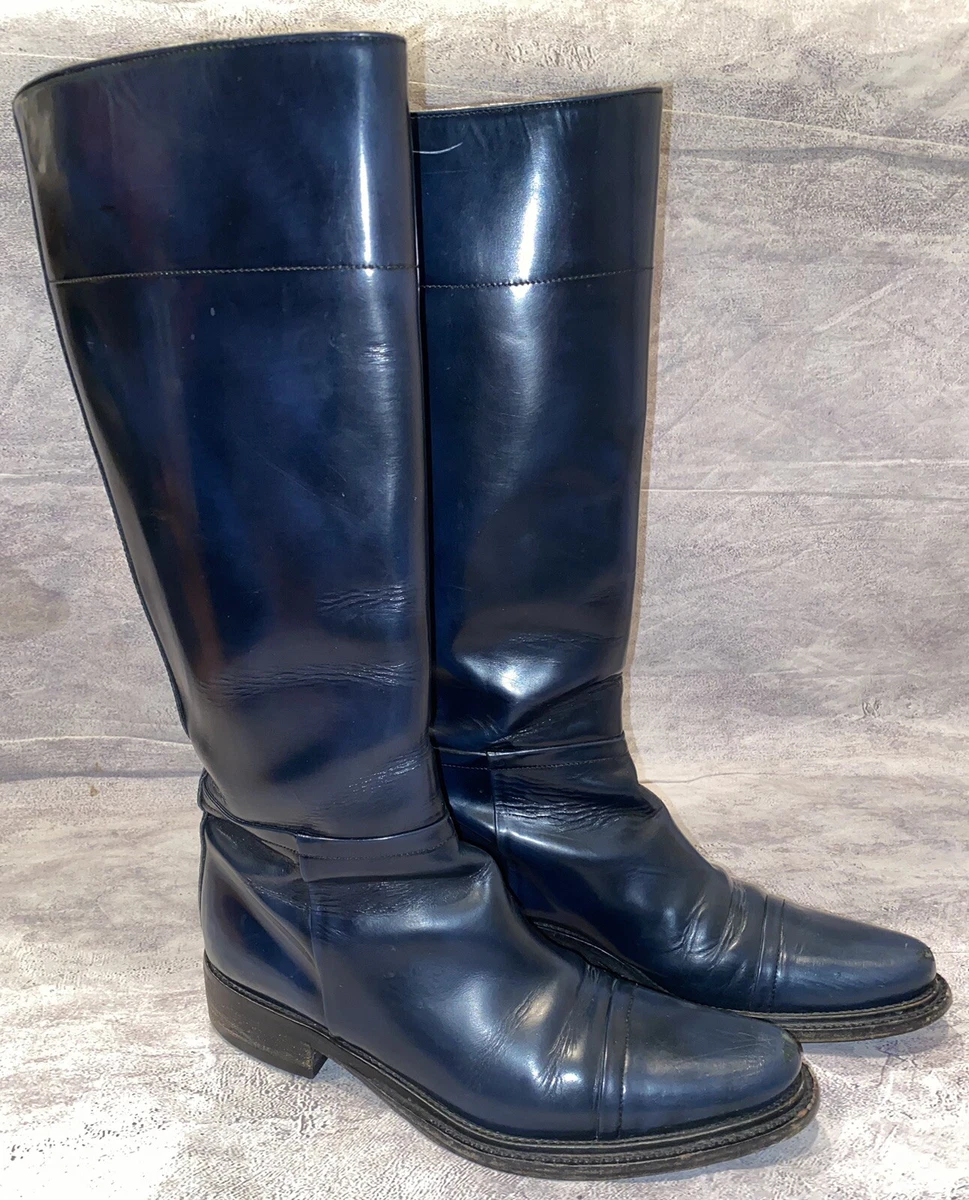 AUTH Prada Italy Midnight Blue Patent Leather Knee High Riding Boots 6.5US 36.5