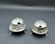 2 Antique S E Asia Silver Praying Buddha Repousse Covered Salt Cellars Hoofed