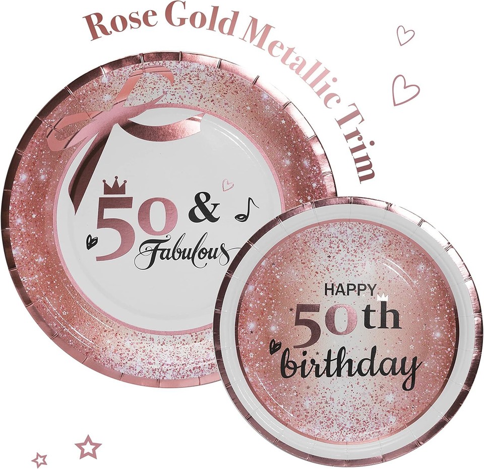 HOMIX 50 and Fabulous Party Plates Napkins Cups Sets Rose gold 50th