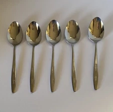Lot 5 Vtg LEAF SPRIG Oval Soup Spoons EKCO EKS21 Stainless Steel Flatware Japan