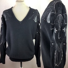 VTG Victoria Harbour 80s Beaded Sweater Tunic Medium Black V Neck Dolman Sleeve