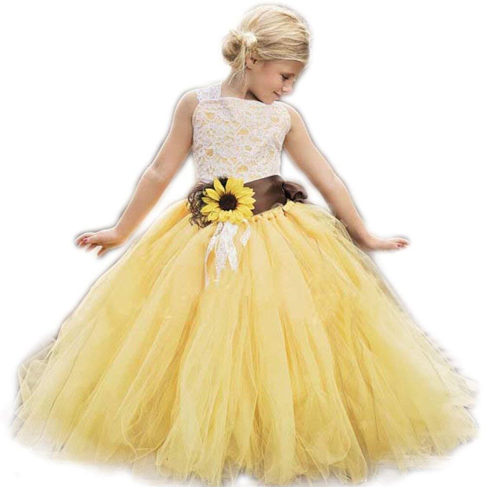 Yellow Tulle with Sunflower Belt Flower Girl Dress for Communion