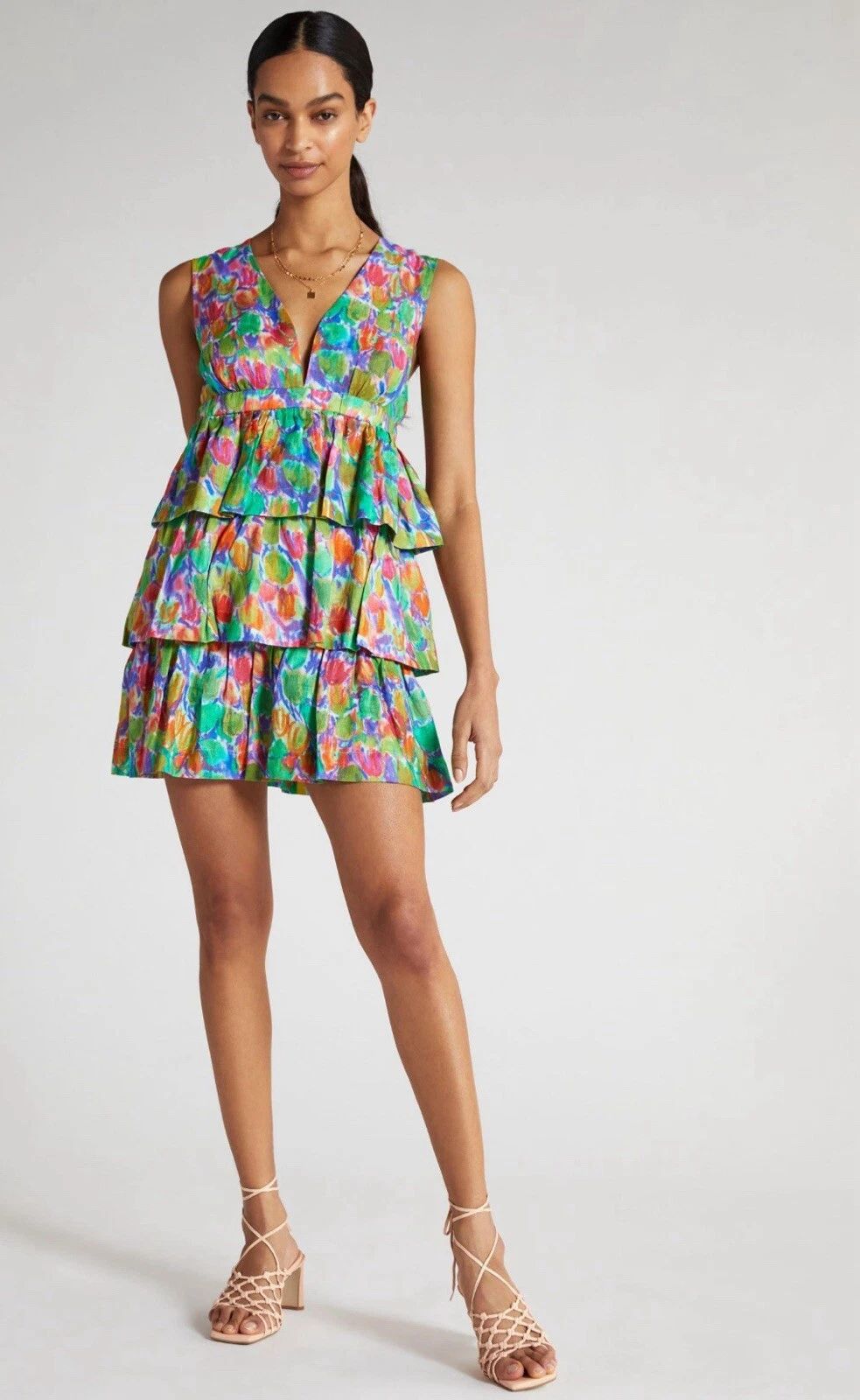 PALM ANGELS Anthropologie Hope For Flowers mini abito lino a strati motivo verde preppy XL nuovo