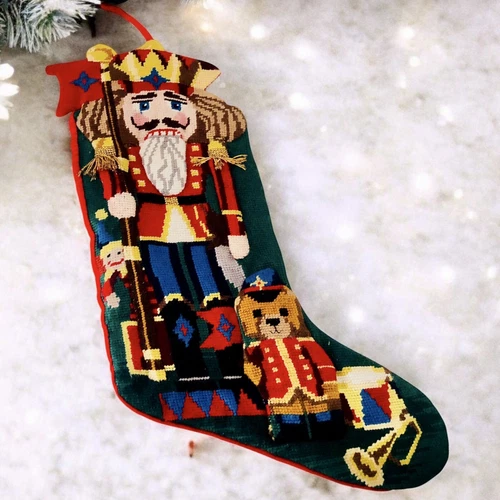 Needlepoint Christmas Stocking Wool Velvet Tin Soldier Teddy Bear Toys 21”