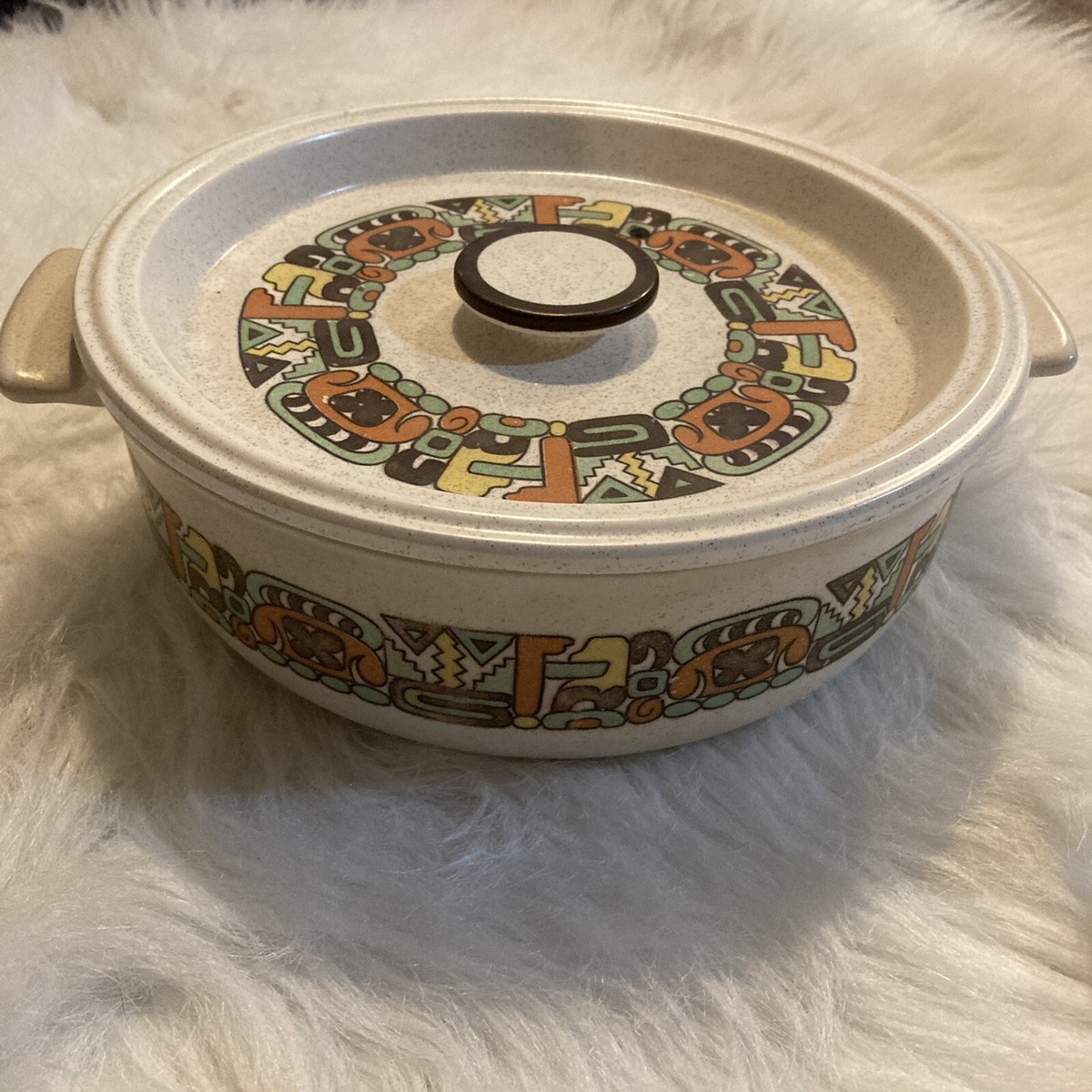 MCM Vintage Flame Chef Cookware pot w/lid Japan Retro Aztec Native Tortilla  Warm