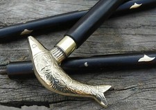 Brass Vintage Dolphin Fish Handle Inlaid Wooden Walking Stick Cane For Men/Women