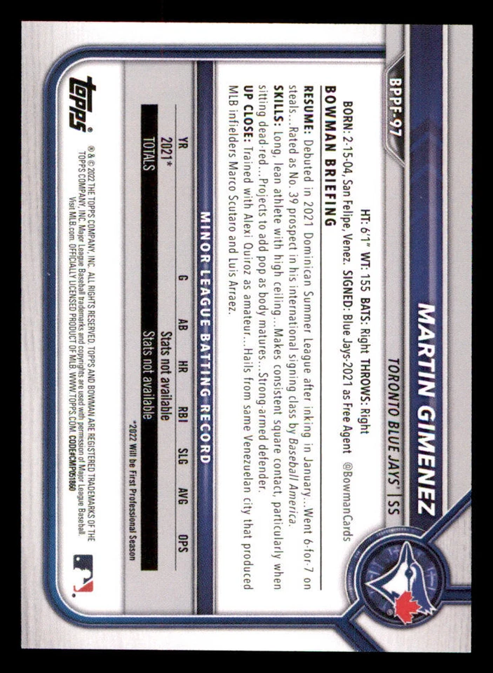 2022 Bowman 1st Edition #BPPF97 Martin Gimenez - Image 2 of 2