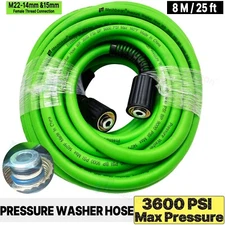 25 FT x 1/4" 3600 PSI Flexible Pressure Washer Replacement Hose M22 14mm & 15mm