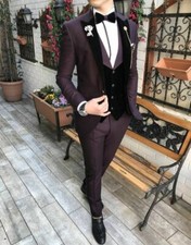 Men Slim Fit Suit Burgundy Party Prom Dinner Groom Tuxedo Wedding Suits Custom