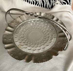 Vtg 14inFARBER SHLEVIN ALUMINUM BUBBLE GLASS BASKET Hand Wrought Etched Thistle