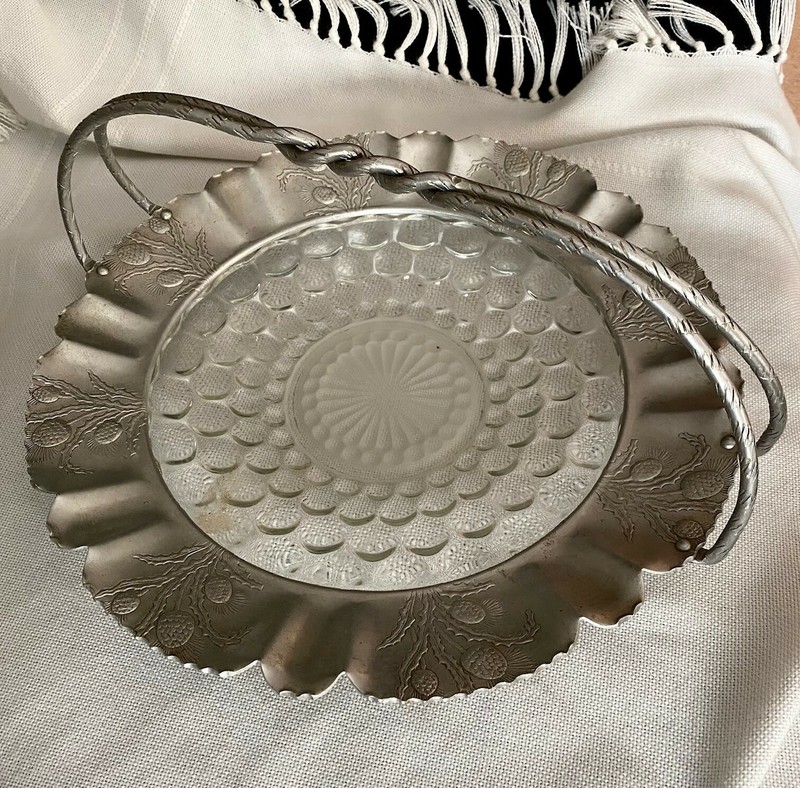 Vtg 14inFARBER SHLEVIN ALUMINUM BUBBLE GLASS BASKET Hand Wrought Etched Thistle
