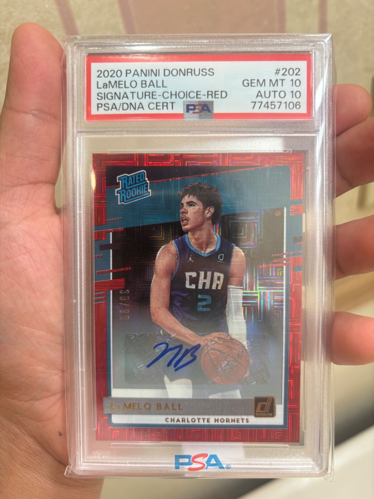 LaMelo Ball 2020 Panini DonRuss - Rated Rookie Choice Red /99 Auto Sig PSA 10