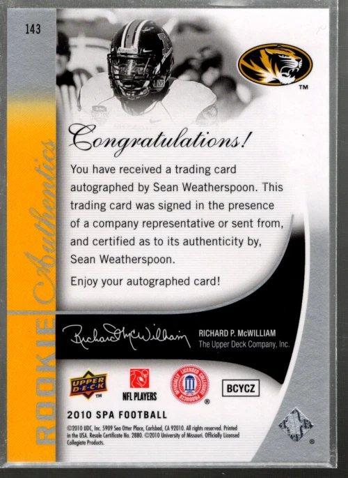 B2917- 2010 SP Authentic #143 Sean Weatherspoon RC Auto /599 SAMPLE PIC - Image 2 of 2