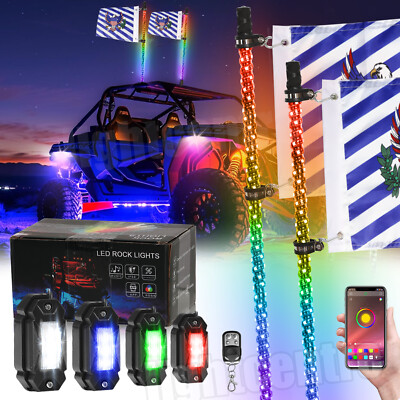 2PC 4FT RGB LED Whip Lights Kit+4 Pods RGB LED Rock Light For RZR PRO XP/R 2025