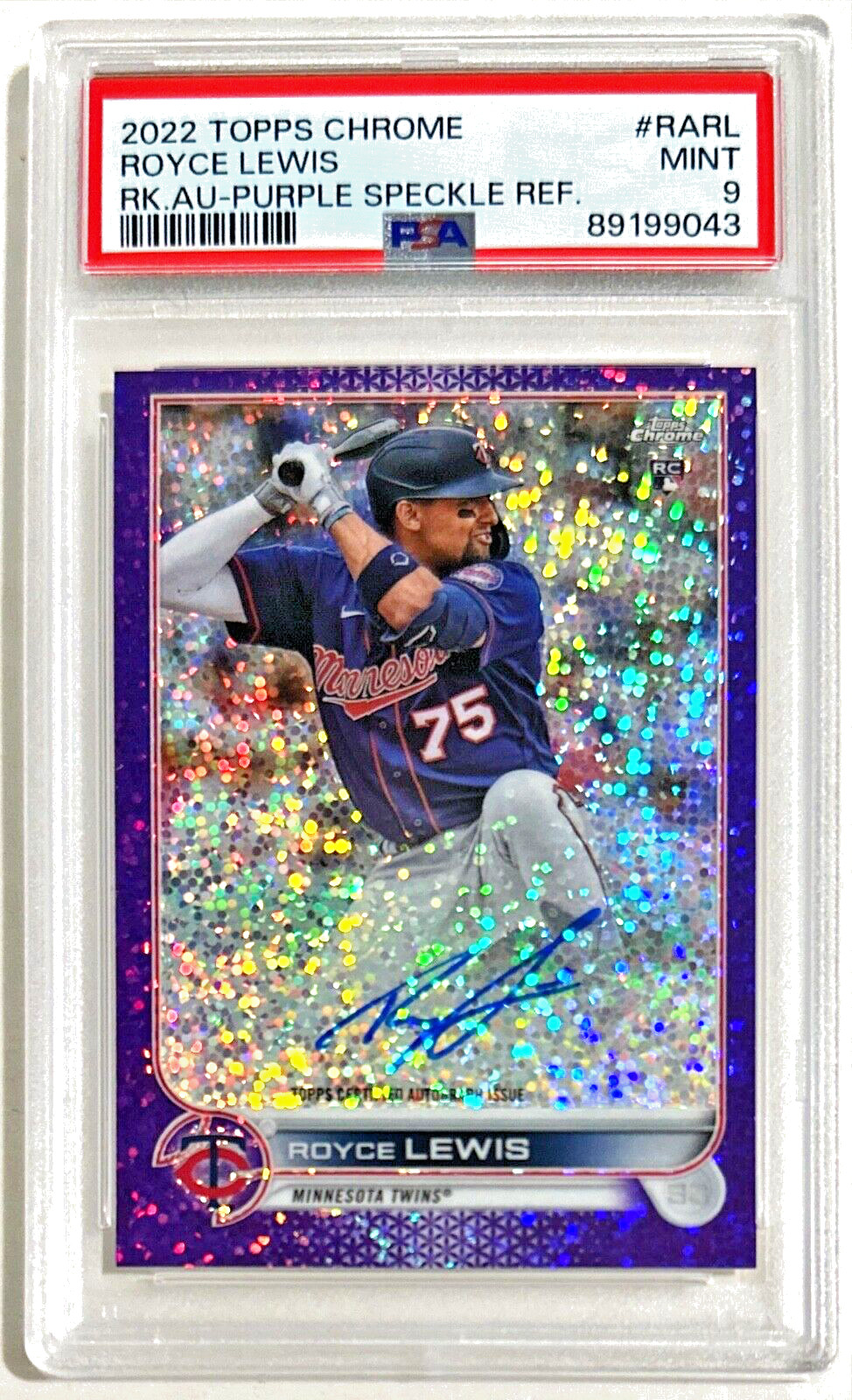 2022 Topps Chrome Royce Lewis Auto RC #'d 7/299 Purple Speckle Refractor PSA 9