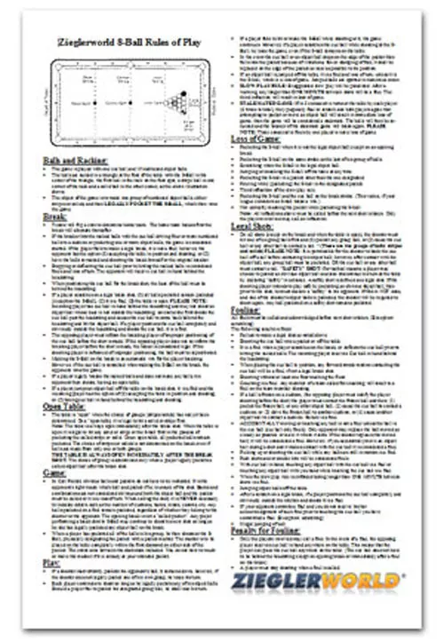 BILLIARD POOL TABLE EIGHT 8 BALL RULES & REGULATION POSTER - LAMINATED 11 x  17