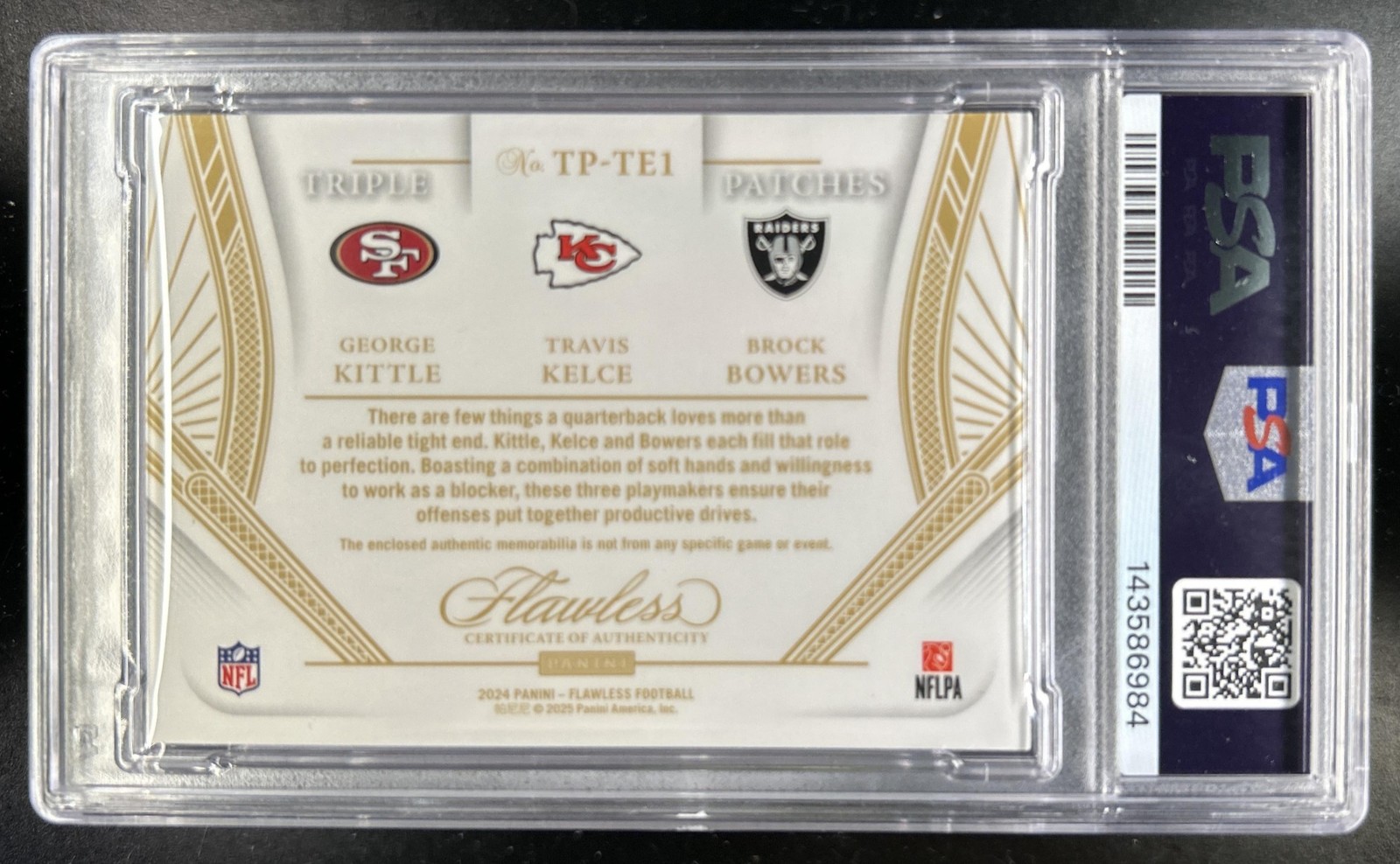 2024 Flawless George Kittle Brock Bowers Travis Kelce Patch Ruby #/15 PSA 9 view 2