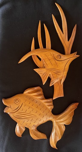 Vintage Hawaiian TROPICAL FISH Wood WALL PLAQUE SCULPTURES House Of Kalai Hawaii