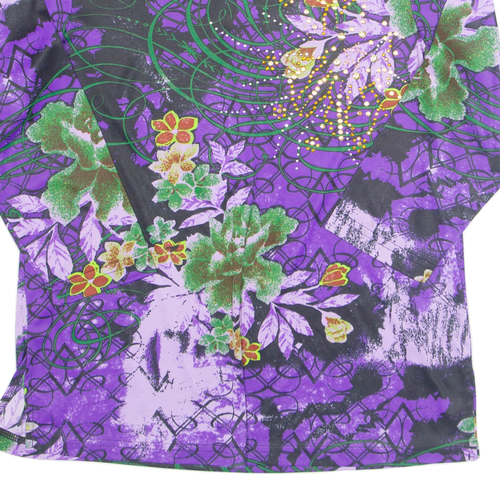 MIRA Rhinestone Womens Printed Blouse Purple 3/4 Sleeve Floral UK 12 - Picture 5 of 6