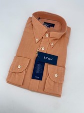 Eton Dress Shirt Mens L 16 1/2 - 42 Orange Textured Oxford Slim Fit Button Up